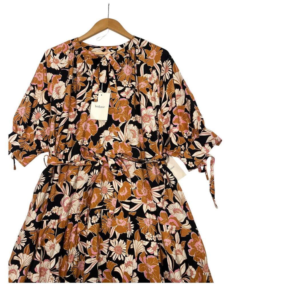 New Bohme Womens Medium Black Orange Floral Midi Dress Boho Belted Flowy Beachy - Picture 6 of 12